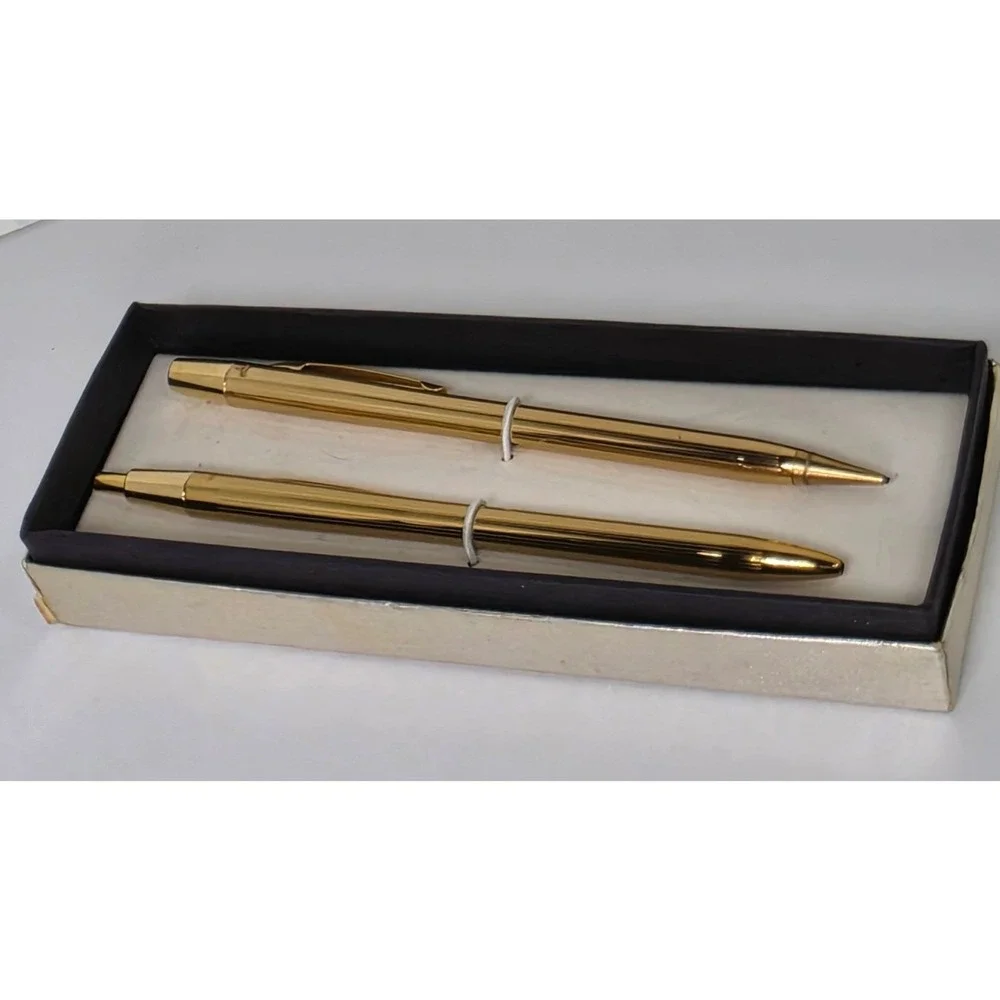 Vintage Gold Tone Pinstripe Pen and Mechanical Pencil Set USA Made with Box